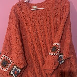POL Women's Orange Cable Knit Sweater with Crochet Accents
